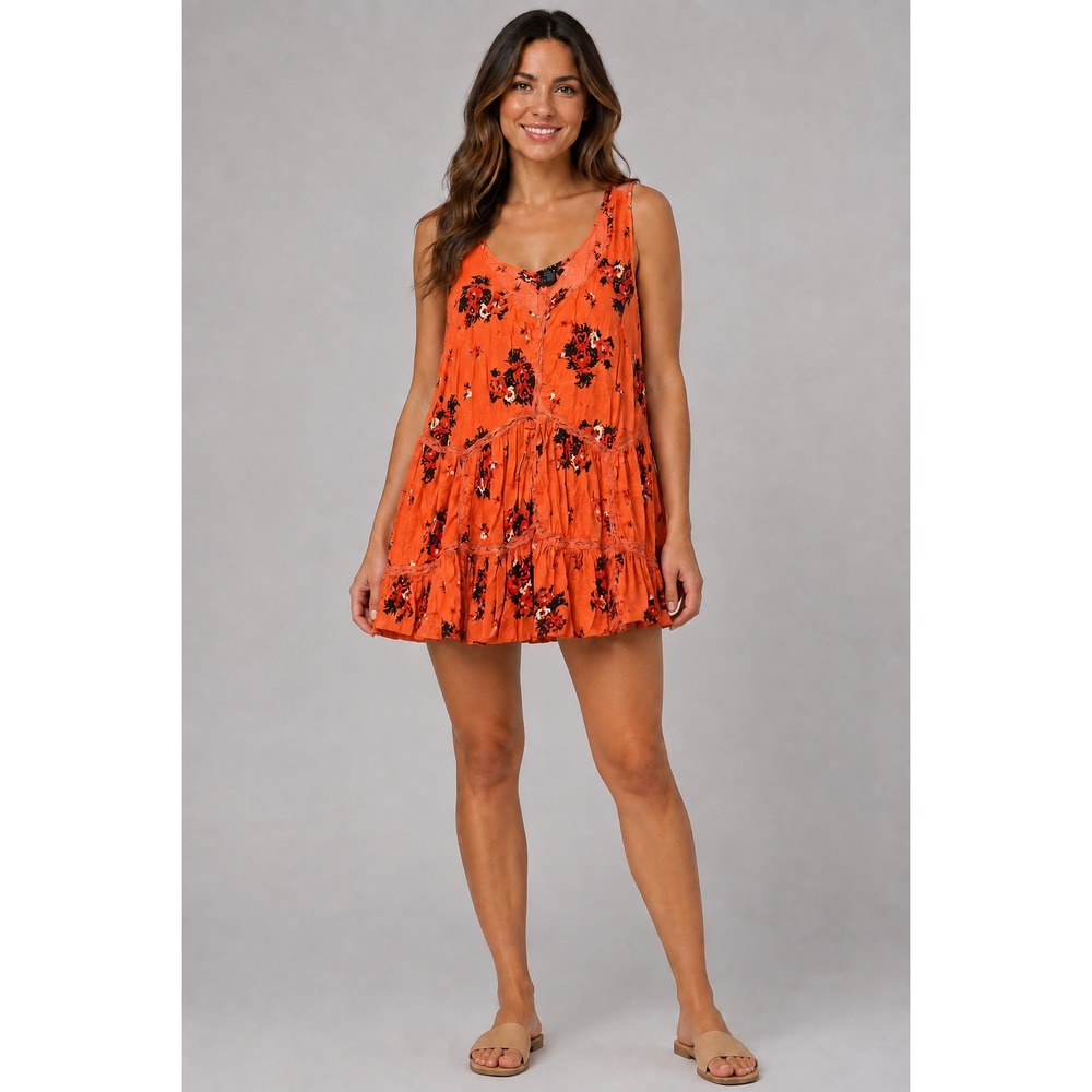 Torrid Orange Floral Sleeveless Tiered Babydoll Top Crochet Trim Size 2